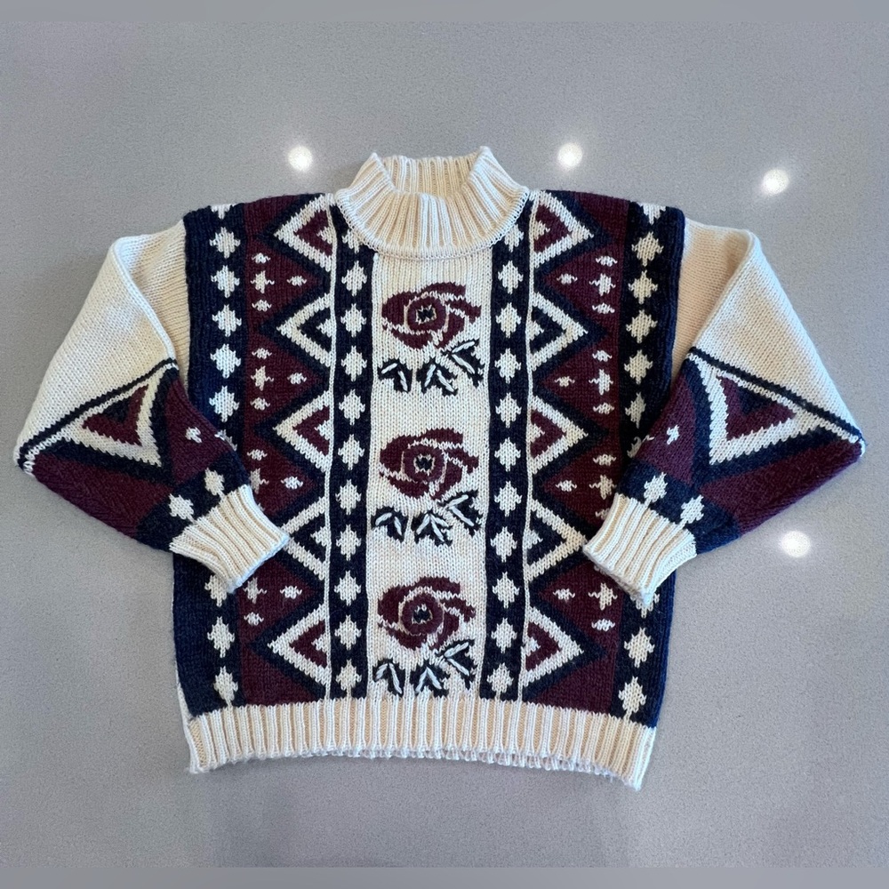 Vintage SML Sport Knitted by Hand Rose Geometric 15% Wool Mock Neck Sweater Sz M
